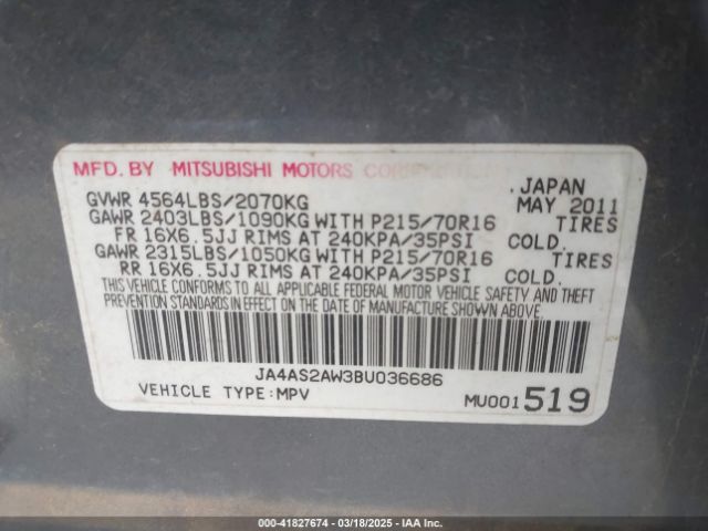 2011 MITSUBISHI OUTLANDER JA4AS2AW3BU036686 Photo 8