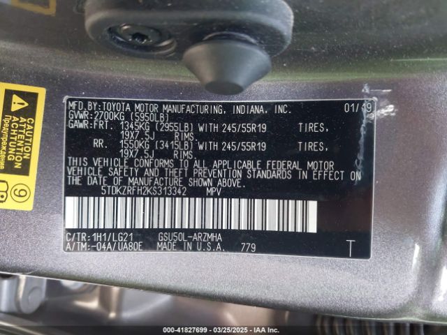 5TDKZRFH2KS313342 Toyota Highlander Se