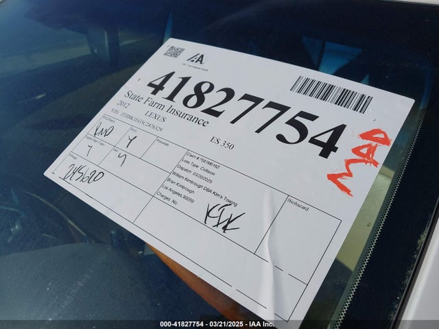 41827754 :رقم المزاد ، JTHBK1EG5C2476329 vin ، 2012 Lexus Es 350 مزاد بيع