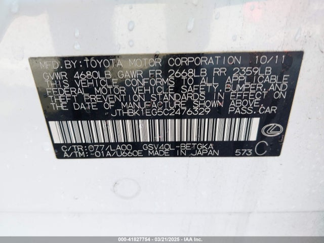 41827754 :رقم المزاد ، JTHBK1EG5C2476329 vin ، 2012 Lexus Es 350 مزاد بيع