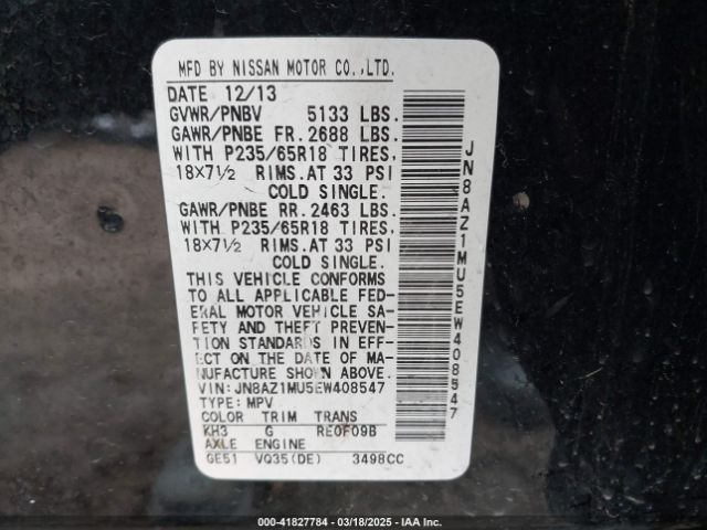 JN8AZ1MU5EW408547 Nissan MURANO SV