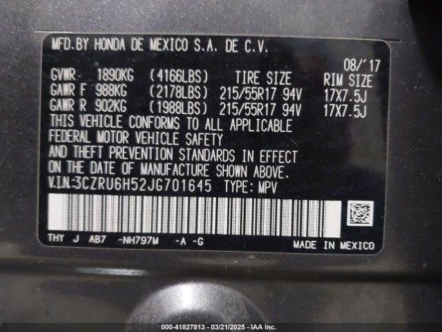 3CZRU6H52JG701645 Honda HR-V EX