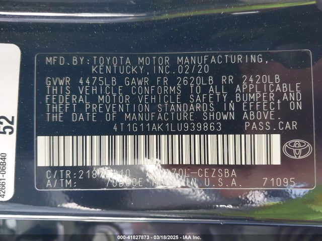 4T1G11AK1LU939863 Toyota CAMRY SE