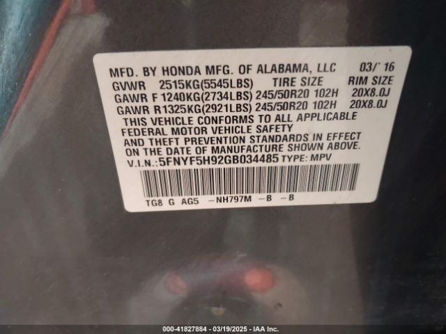 5FNYF5H92GB034485 Honda Pilot Touring