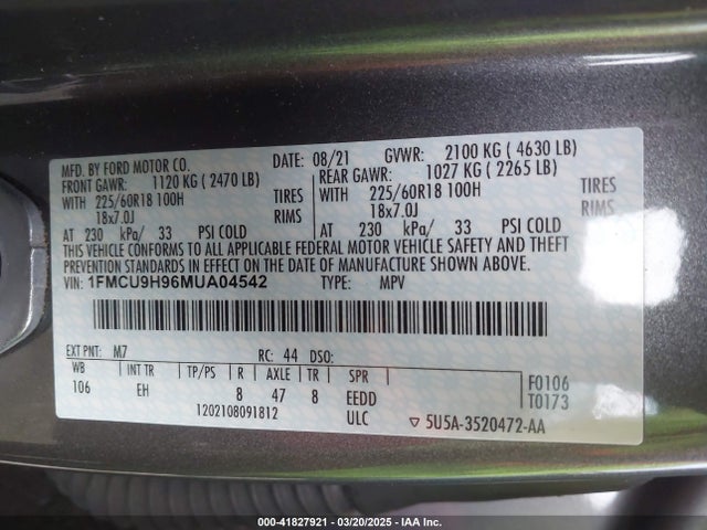 1FMCU9H96MUA04542 Ford ESCAPE SEL