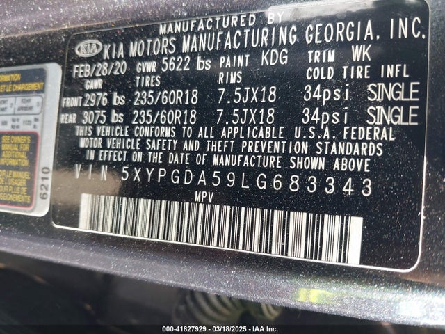 5XYPGDA59LG683343 KIA Sorento 3.3l Lx