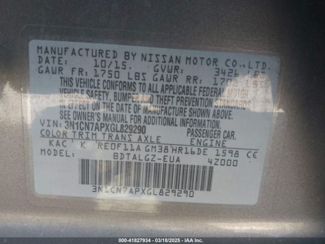 3N1CN7APXGL829290 Nissan Versa 1.6 Sl