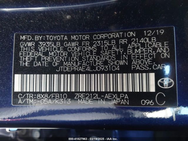 JTDEPRAE4LJ093104 Toyota COROLLA LE