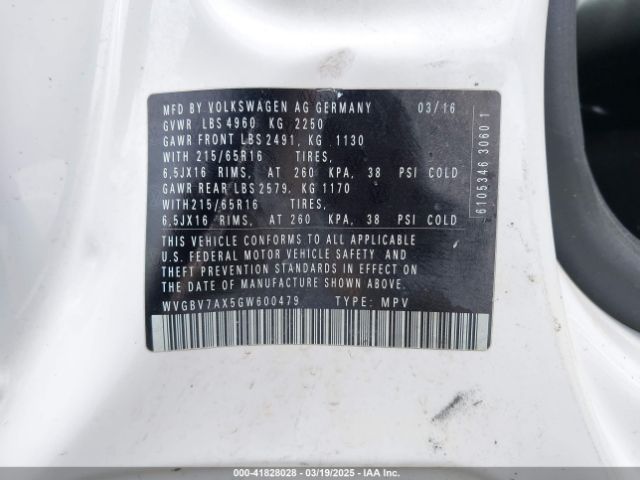 WVGBV7AX5GW600479 Volkswagen TIGUAN S