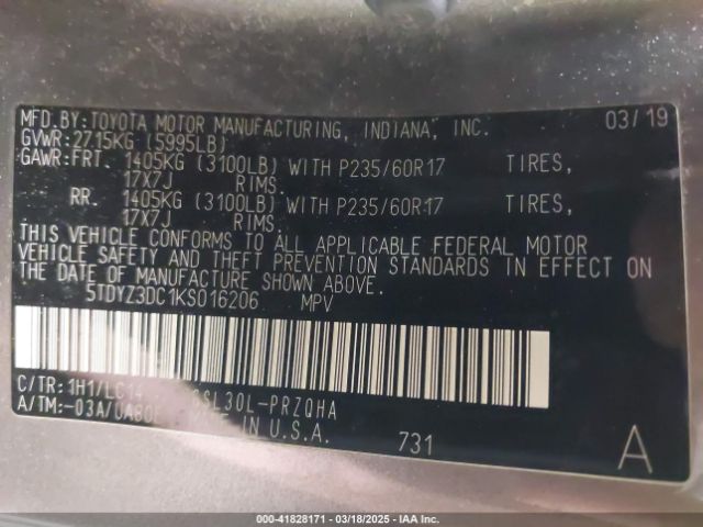 5TDYZ3DC1KS016206 Toyota Sienna Xle 8 Passenger