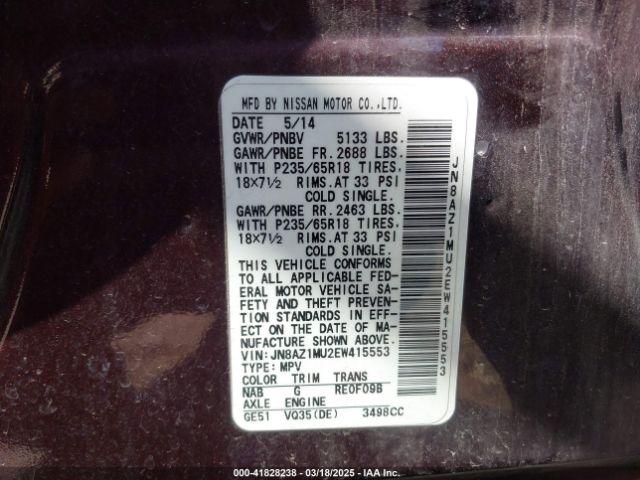 JN8AZ1MU2EW415553 Nissan MURANO S