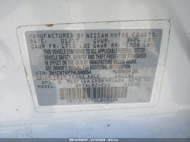 3N1CN7AP7HL840054 Nissan Versa 1.6 Sv