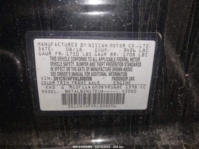 3N1CN7APXKL808206 Nissan Versa 1.6 Sv