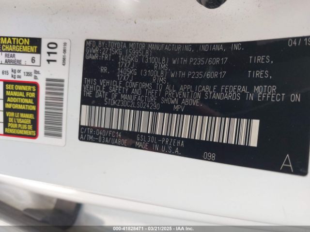 5TDKZ3DC2LS024290 Toyota SIENNA LE