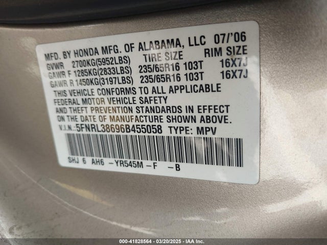 Продаж на аукціоні авто 2006 Honda Odyssey Ex-l, vin: 5FNRL38696B455058, номер лоту: 41828564