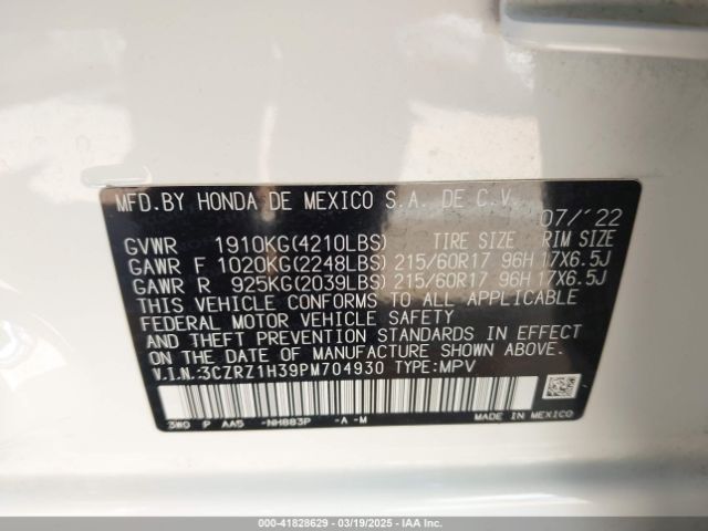 3CZRZ1H39PM704930 Honda Hr-v 2wd Lx