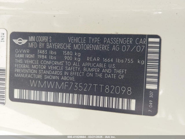 2007 MINI COOPER S WMWMF73527TT82098 Photo 8