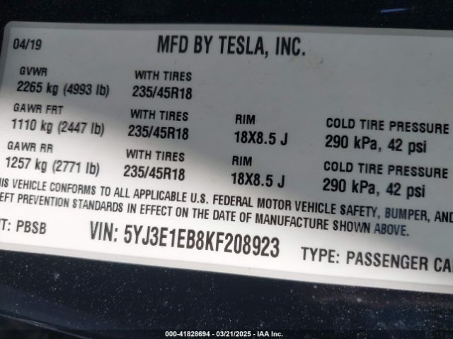5YJ3E1EB8KF208923 Tesla Model 3 Long Range/performance