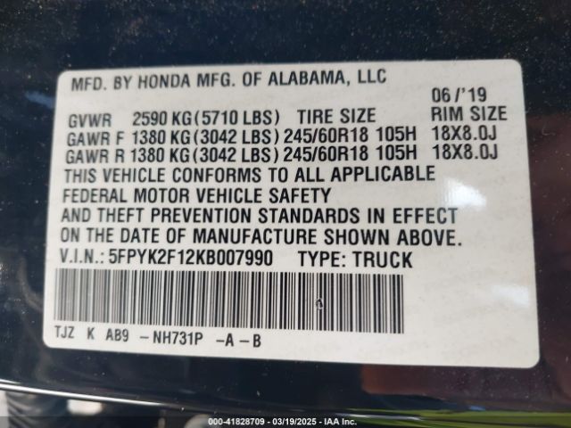 5FPYK2F12KB007990 Honda Ridgeline Sport