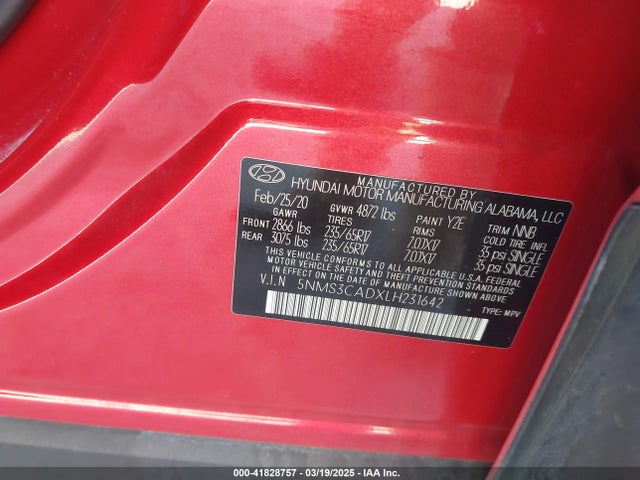 5NMS3CADXLH231642 Hyundai Santa Fe Sel