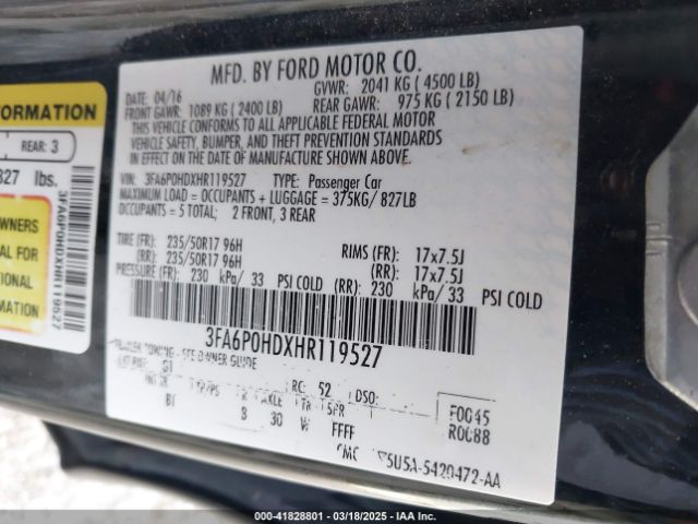 3FA6P0HDXHR119527 Ford FUSION SE