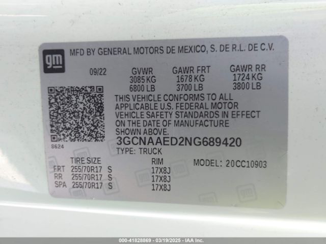 3GCNAAED2NG689420 Chevrolet Silverado 1500 2wd  Long Bed Wt