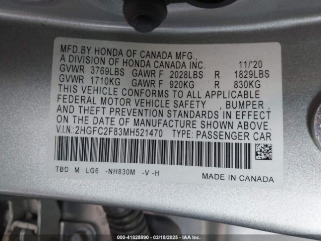 2HGFC2F83MH521470 Honda Civic Sport