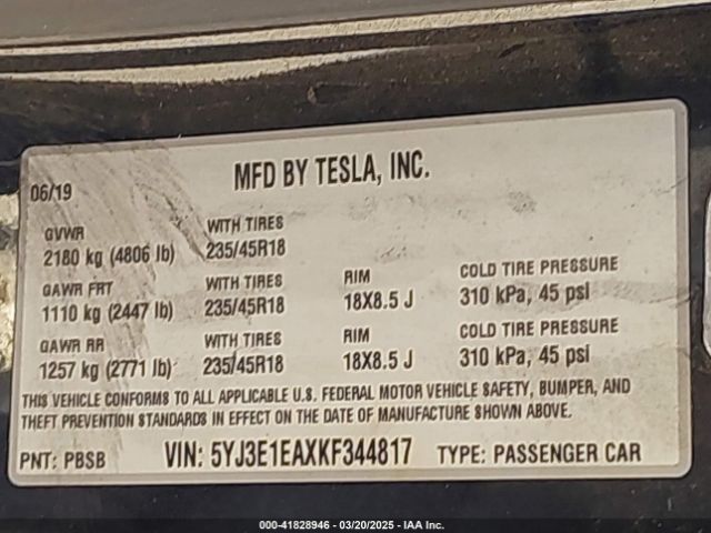 5YJ3E1EAXKF344817 Tesla Model 3 Long Range/mid Range/standard Range/standard Range Plus