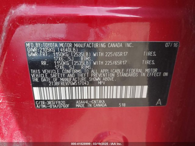 2T3BFREV7GW517043 Toyota RAV4 LE