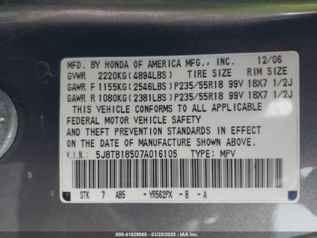 2007 ACURA RDX 5J8TB18507A016105 Photo 8