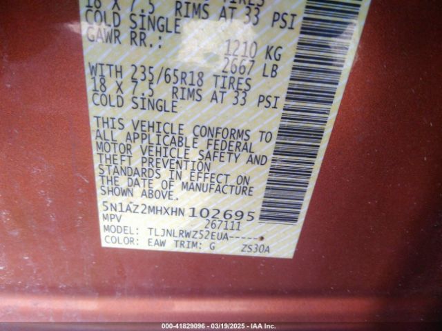 5N1AZ2MHXHN102695 Nissan MURANO SL