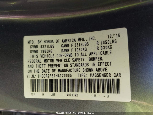 1HGCR2F81HA120005 Honda Accord Ex-l