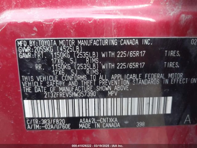 2T3ZFREV5HW357390 Toyota RAV4 LE
