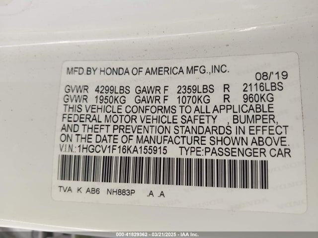 1HGCV1F16KA155915 Honda ACCORD LX