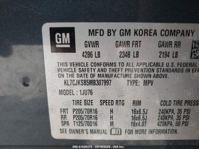 KL7CJKSB5MB307997 Chevrolet Trax Fwd Ls