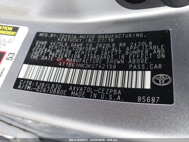 4T1B61HK3KU742158 Toyota CAMRY XSE