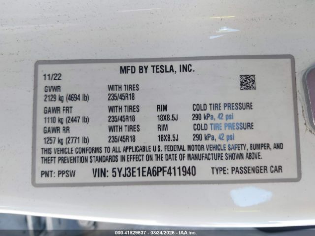 5YJ3E1EA6PF411940 Tesla Model 3 Rear-wheel Drive