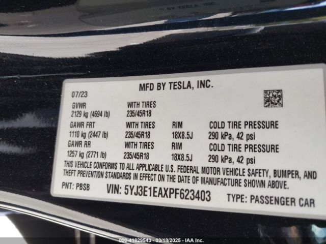 5YJ3E1EAXPF623403 Tesla Model 3 Rear-wheel Drive