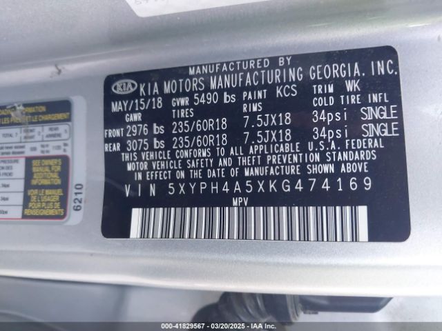 5XYPH4A5XKG474169 KIA Sorento 3.3l Ex