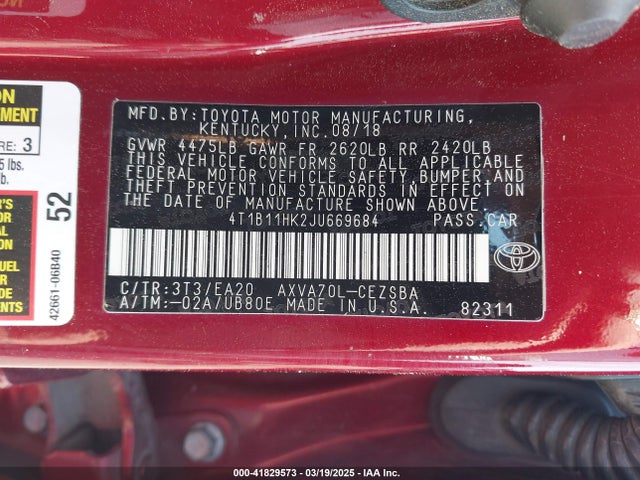 4T1B11HK2JU669684 Toyota CAMRY SE