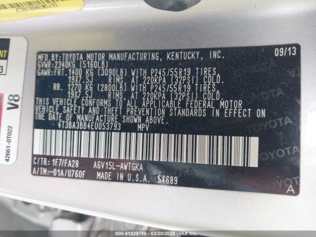 4T3BA3BB4EU053793 Toyota VENZA LE