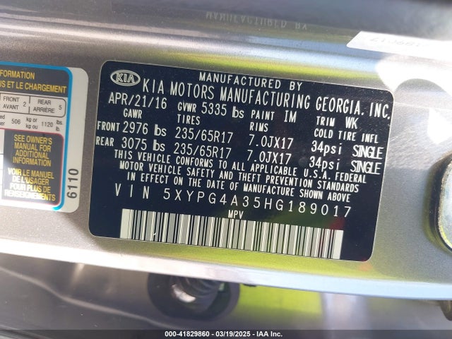5XYPG4A35HG189017 KIA Sorento 2.4l Lx