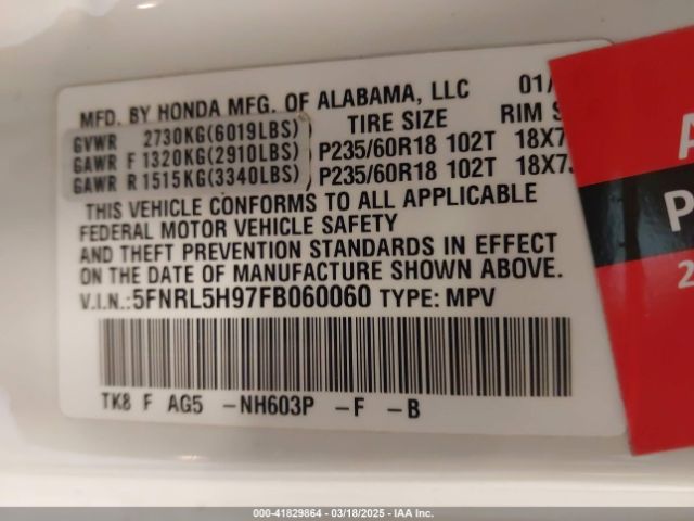 5FNRL5H97FB060060 Honda Odyssey Touring/touring Elite