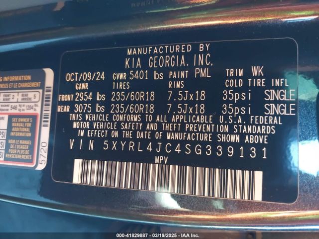 5XYRL4JC4SG339131 KIA SORENTO S