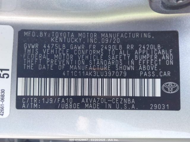 4T1C11AK3LU397079 Toyota CAMRY LE