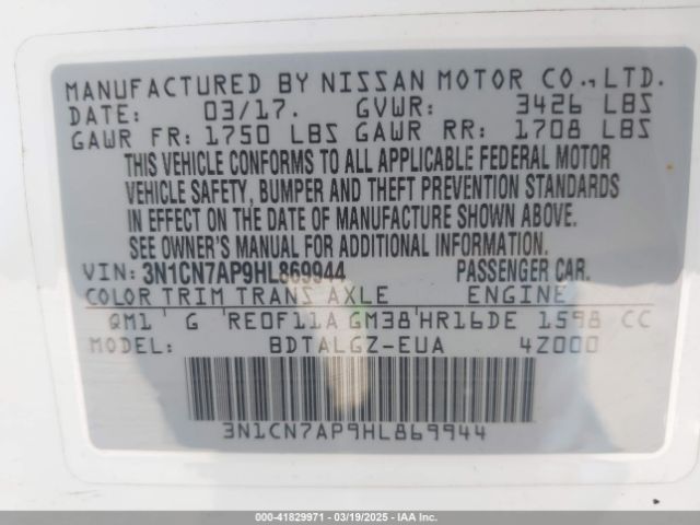 3N1CN7AP9HL869944 Nissan Versa 1.6 Sl