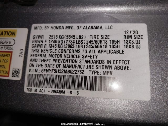 5FNYF5H52MB022782 Honda Pilot 2wd Ex-l