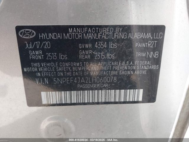 5NPEF4JA2LH060078 Hyundai SONATA SEL