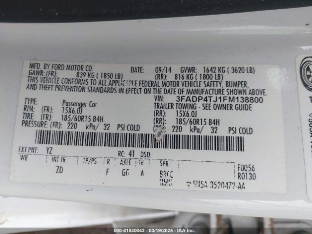 3FADP4TJ1FM138800 Ford FIESTA S
