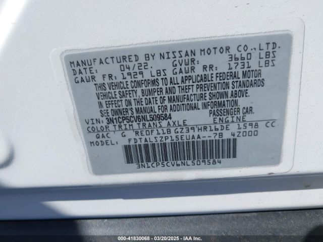 3N1CP5CV6NL509584 Nissan Kicks Sv Xtronic Cvt